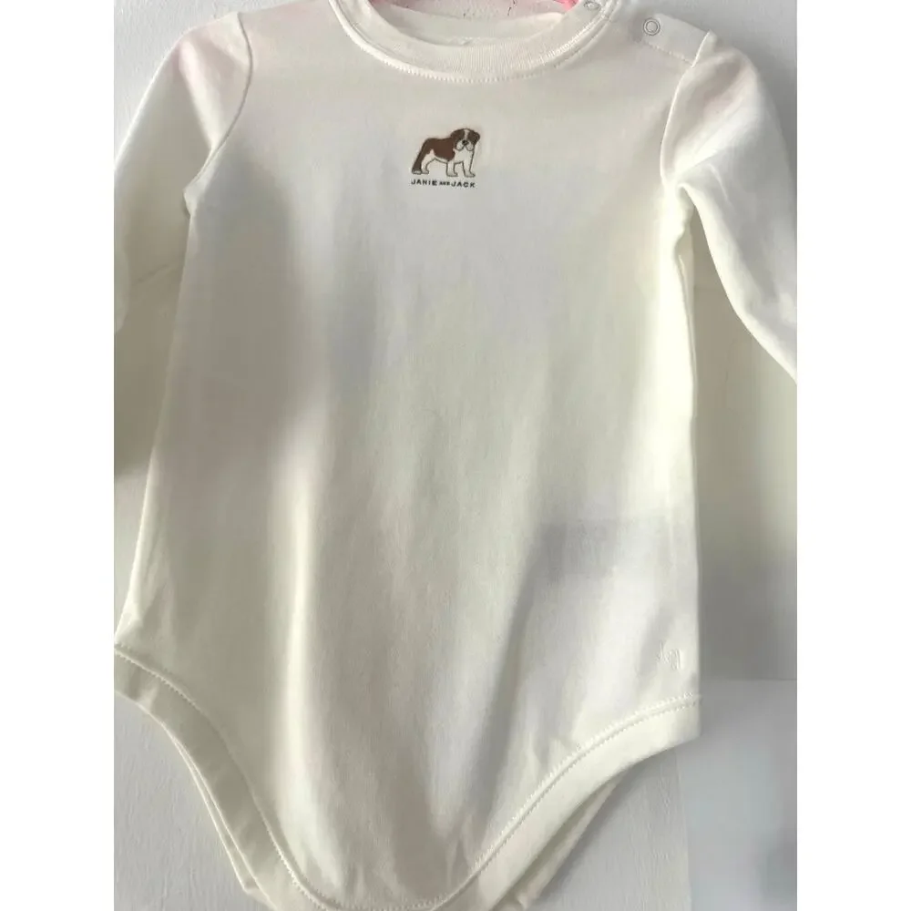 White Baby One-Piece Bodysuit with Dog Embroidery